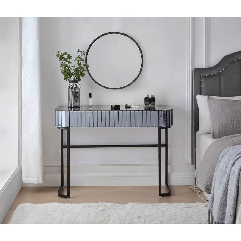 Meuble-lavabo à miroir 39 po avec base en acier inoxydable, coiffeuse à miroir avec 2 tiroirs, bureau polyvalent pour la chambre à coucher et le bureau, gris