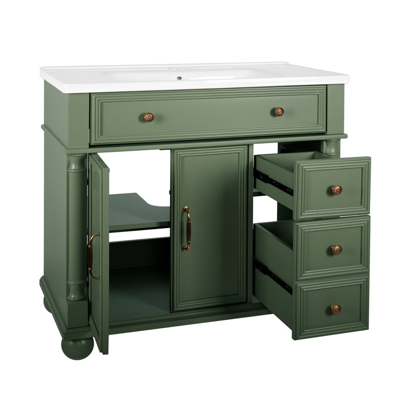 Meuble-lavabo 35,6 po Mid-Century avec colonne romaine, bois massif vert et panneau de fibres à densité moyenne