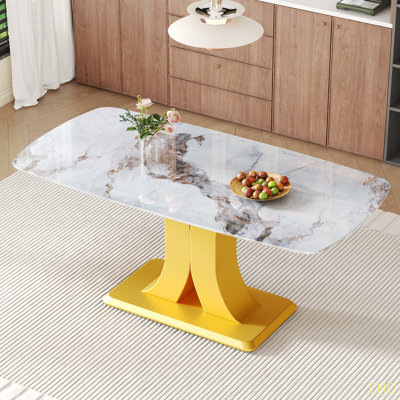 A Modern Minimalist Dining Table Imitation Marbled Glass Tabletop  MDF Table Legs For Kitchen And Living Room Imitation Marble Tabletop