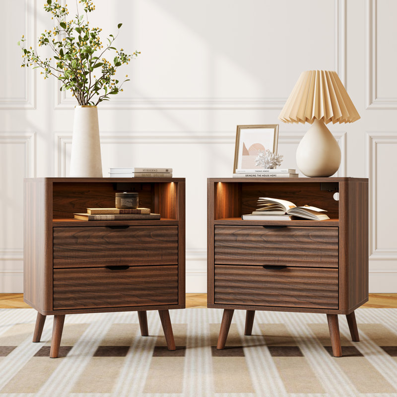 2 Drawer Bedside Table, Set of 2, Walnut