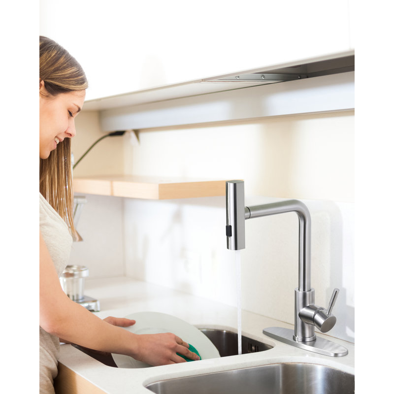 3-Mode Single Handle Waterfall Pull Down Sprayer Kitchen Faucet In Stainless Steel, Brushed Nickel, Without Soap Dispenser