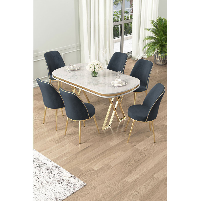 Modern 7-Piece Dining Table & Chairs Set, White & Gold with Anthracite Accents | 100% Lacquer Panel, 66.1 x 29.9 x 35.4 inches Table | Metal Legs & Babyface Fabric Chairs, Elegant Design with Foam Cushions for Comfort