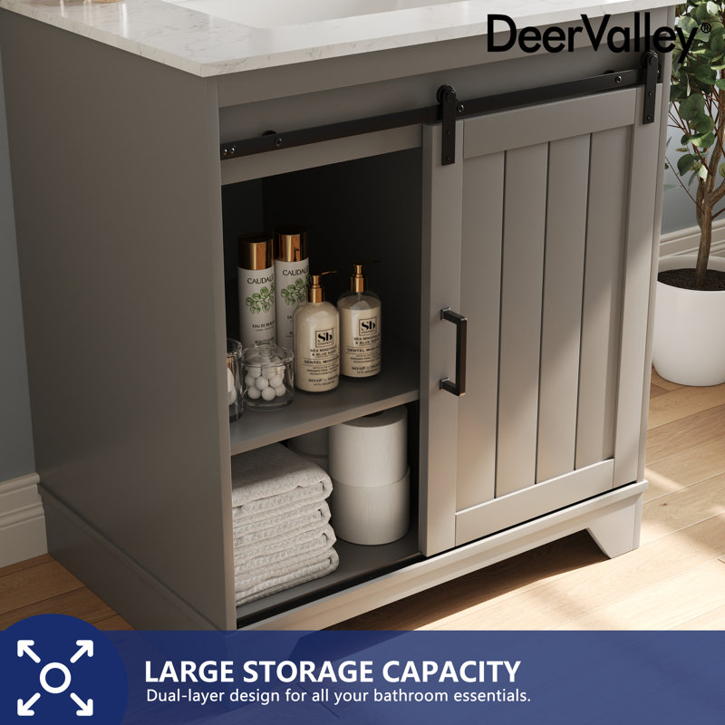 Gray 30" Freestanding Bathroom Vanity with Ceramic Sink and Storage Baskets