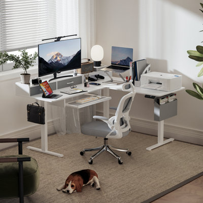 63" Height Adjustable L Shaped Standing Desk with 2 Drawers and Keyboard Tray, Electric Sit to Stand Home Office Comupter Table, Ergonomic Corner Gaming Desk, White