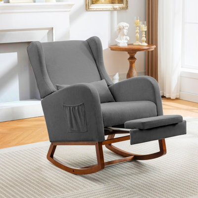 Modern Nursery Rocking Chair with Footrest, Upholstered Accent Armchair with Solid Wood Base