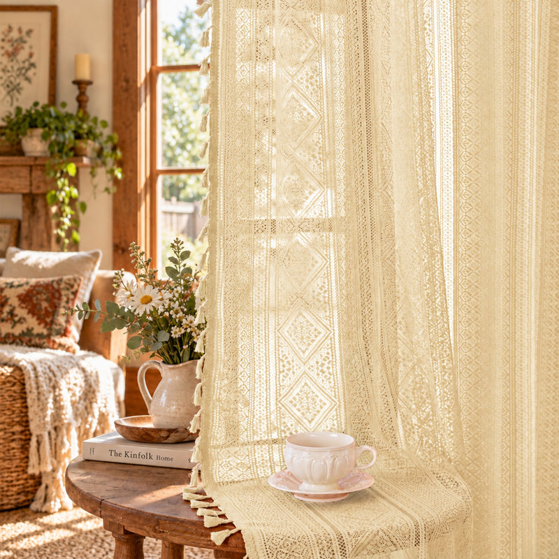 Paire de rideaux semi-transparents Boho, Beige, L 53 po x L 63 po
