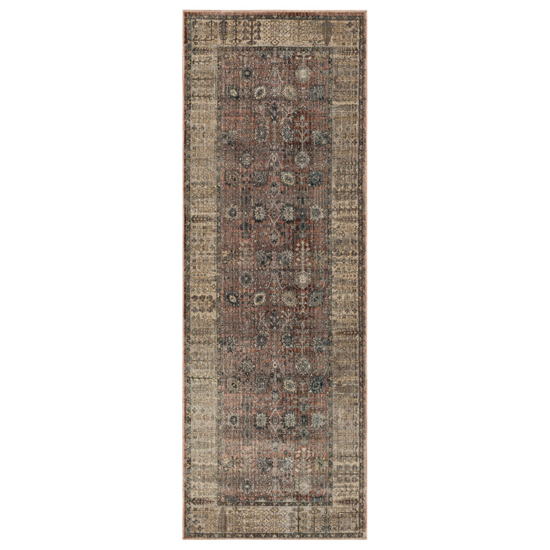 Rustic Red and Brown Floral Synthetic Runner Rug