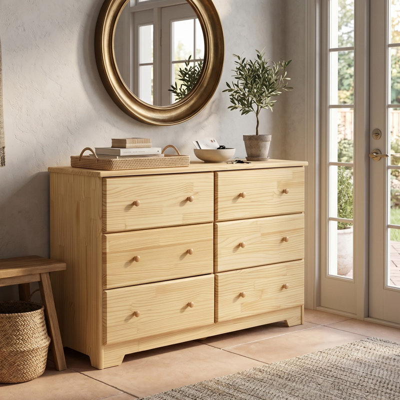 Isabela 6 Drawer Solid Wood Double Dresser, Natural