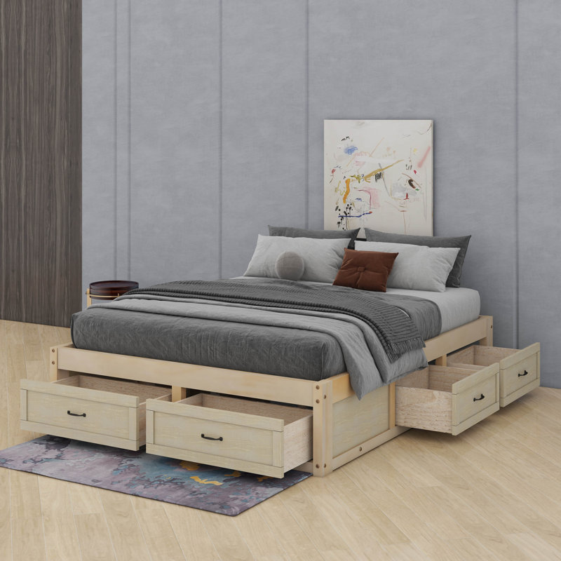 Grand lit plateforme avec tiroirs, Naturel antique