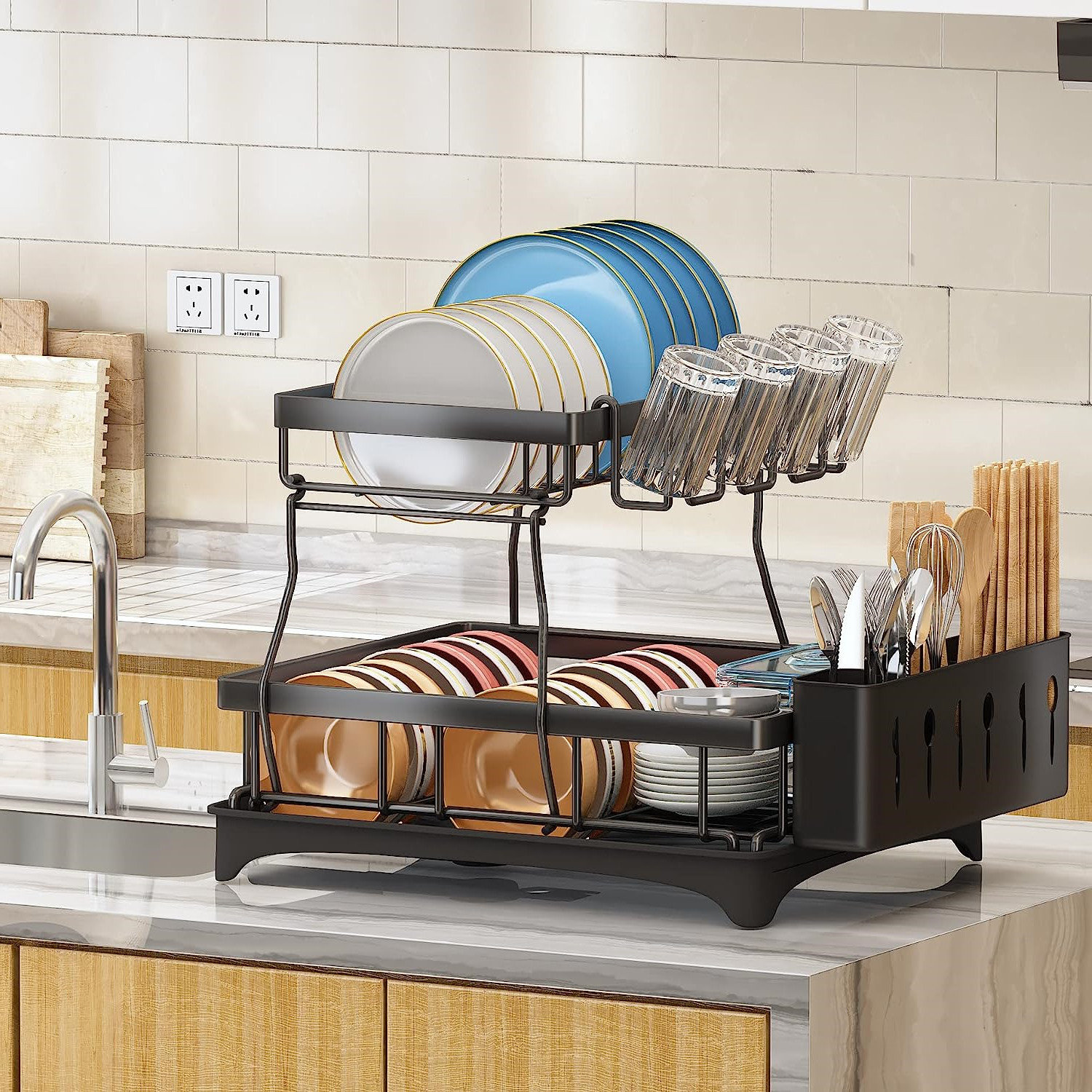 Sturdy Modern Space Saving Compact 2-Tier Dish Rack Removable