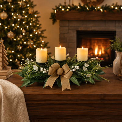 Farmhouse Candle Holder Centerpiece with Magnolia and Burlap Bow