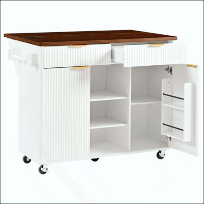 Fluted Kitchen Island with Drop Leaf, Power Outlet, Kitchen Storage Cart with Adjustable Shelves, 2 Doors and 2 Drawers, Rolling Island Table with Wa