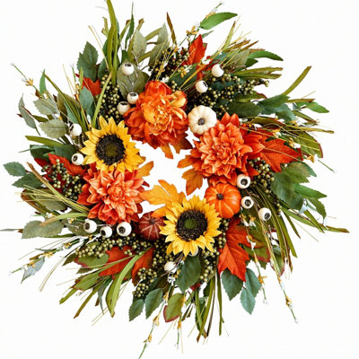17.7 Inch Artificial Fall Wreath with Sunflowers, Pumpkins, and Foliage