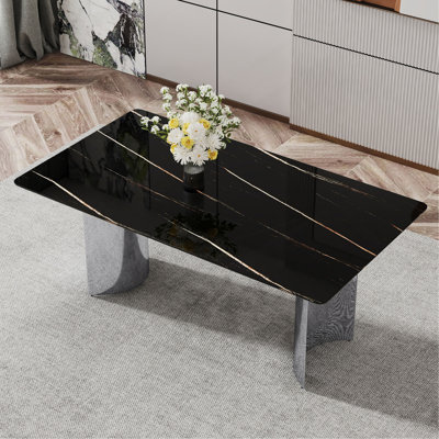 Modern Minimalist Dining Table. The Black Imitation Marble Glass Desktop Is Equipped With Silver Metal Legs. Suitable For Restaurants And Living Rooms
