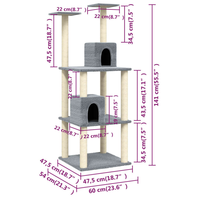 vidaXL Cat Tree Engineered wood, plush, sisal 55.5 in tall, Light Grey