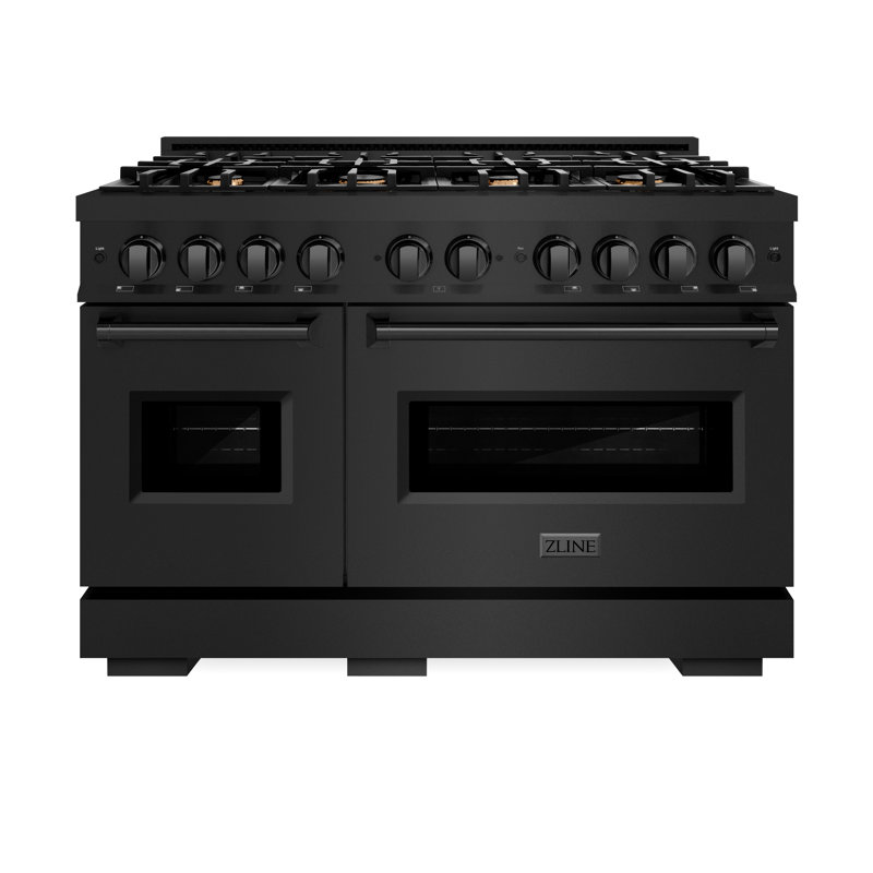 ZLINE Autograph Edition 48 in. 6.7 cu. ft. Classic Double Oven Dual Fuel Range with 8 Burner Gas Cooktop in Black Stainless Steel and Accents