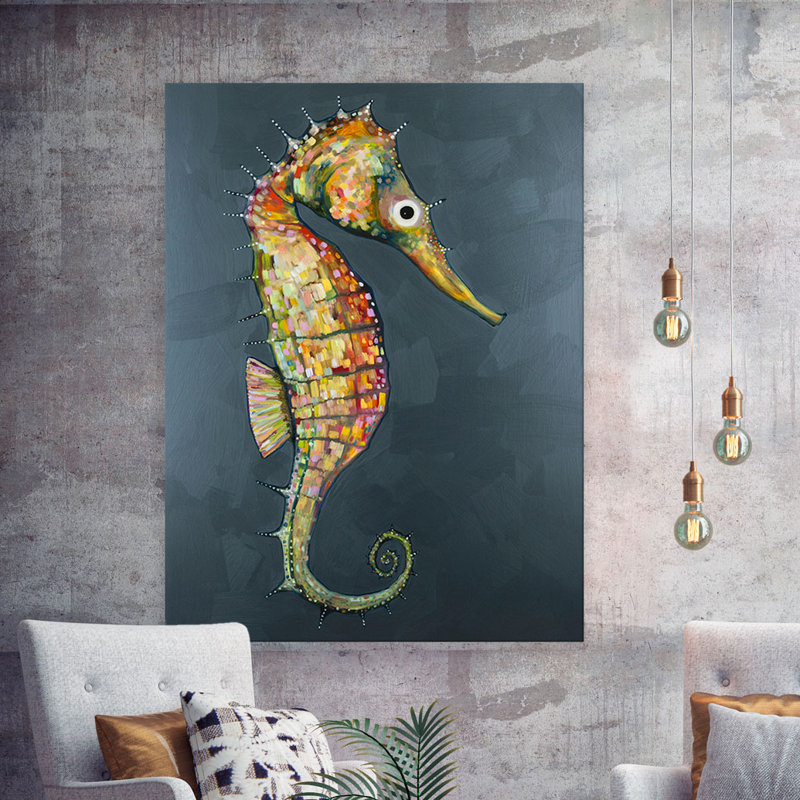 «Floating Seahorse Blue» par Eli Halpin - reproduction d'art sur toile tendue, H 40 po x l 30 po
