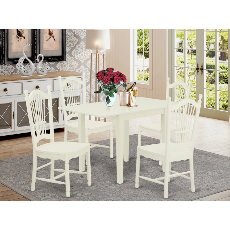 Ensemble de table de salle à manger 5 pièces comprenant une table rectangulaire avec Dropleaf et 4 chaises en bois, lin blanc
