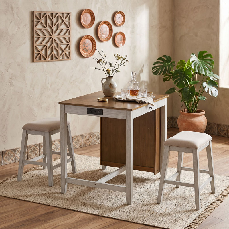 Ensemble de table de bar Farmhouse avec prise de courant intégrée, tiroirs latéraux doubles, tablettes de présentation et 2 tabourets rembourrés