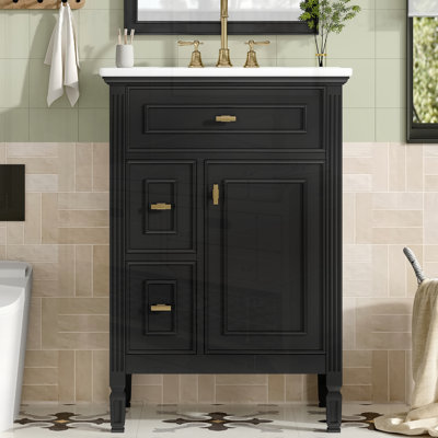Meuble-lavabo de salle de bain avec lavabo, armoire en bois massif et panneau de fibres à densité moyenne, tiroir rabattable, tiroirs standard, tablette réglable, solution de rangement autoportante noire