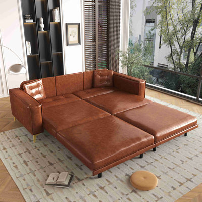 King Size Pull Out Sofa Bed,3-In-1 Faux Leather Convertible Sleeper Sofa With Wide Armrests,Tufted Modern Sofa,4-Seater Couch With 2 Pillows