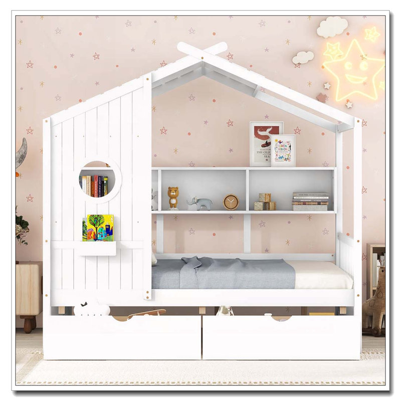 Lit double en bois avec 2 tiroirs, Blanc