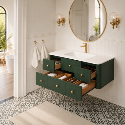 48" Wall Mounted & Floating Green Bathroom Vanity with Sink Solid Rubberwood Bathroom Cabinet with Soft Close Dovetail Drawers Modern Green Fluted Freestanding Vanity for Bathroom