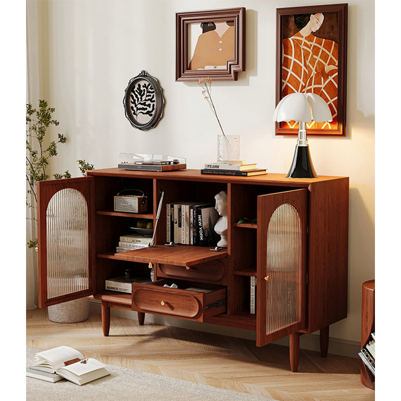 Scandinavian-style Solid Wood Multi-function Sideboard, 37.4" H x 63" W x 15.7" D, Brown