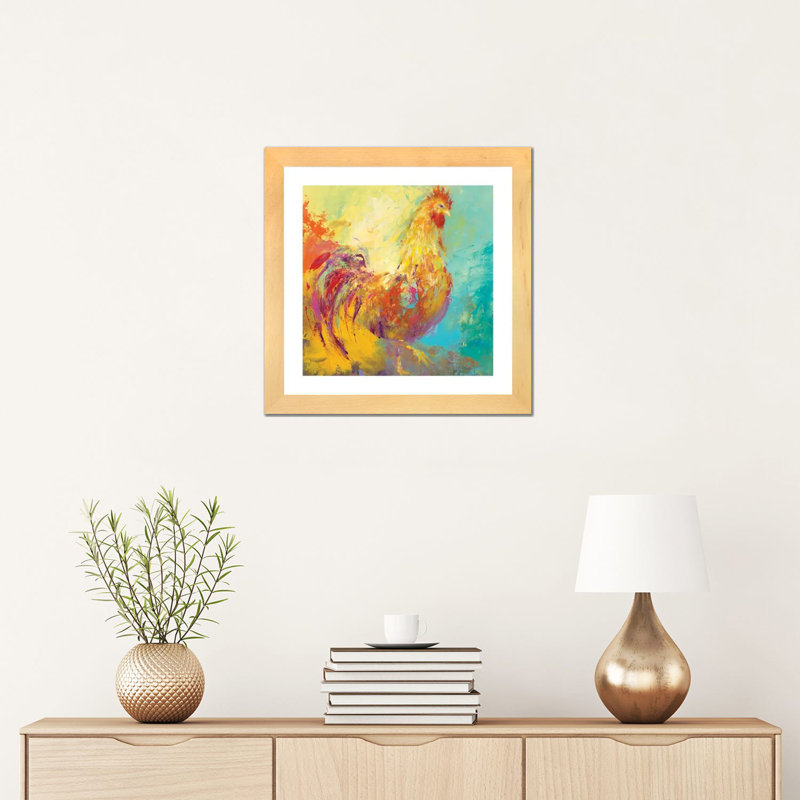 «Funky Chicken I» par Dina D'Argo - reproduction d'art, Toile avec cadre en bois beige, Blanc, H 16 po x l 16 po x p 1 po