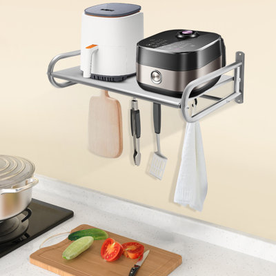 Wall-Mounted Microwave Shelf Stainless Steel Kitchen Storage Rack Microwave Holder with 6 Hooks for Kitchen Organizing