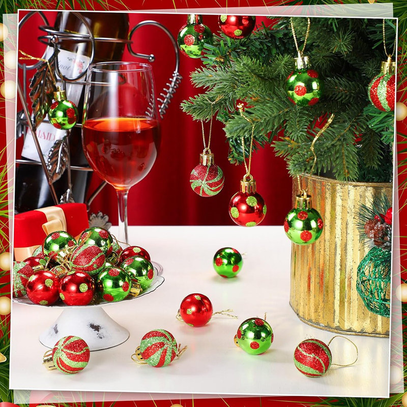 54 mini décorations de boules de Noël - 1,18 po - Décorations suspendues incassables à rayures rouges et vert lime pour arbre de Noël et fête des Fêtes