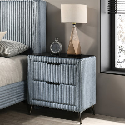 Table de chevet en velours côtelé bleu - 2 tiroirs, meubles de chambre à coucher avec accents de couleur bois