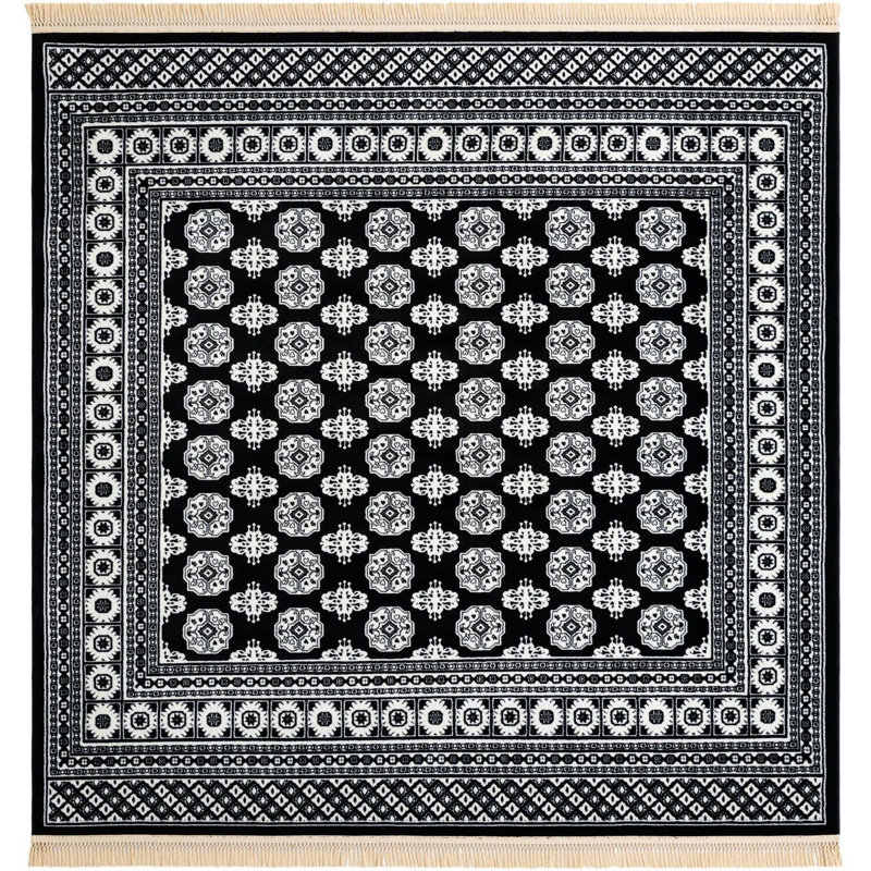 Tapis traditionnel Hinshaw noir et blanc, Carré 7 pi 10 po