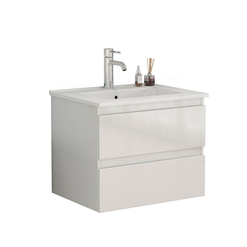 Ensemble de meuble-lavabo 24 po avec lavabo, armoire avec 2 grands tiroirs, système de fermeture en douceur, 2 grands tiroirs, conception sans poignée, assemblage facile, blanc brillant