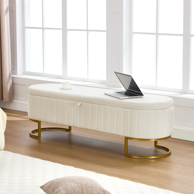 Velvet Upholstered Storage Bench with Horseshoe-Shaped Metal Legs for Living Room: Stylish and Functional Bed-End Solution