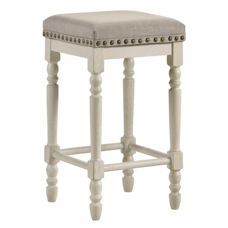 Weathered Oak Backless Counter Height Stool with Beige Upholstered Seat