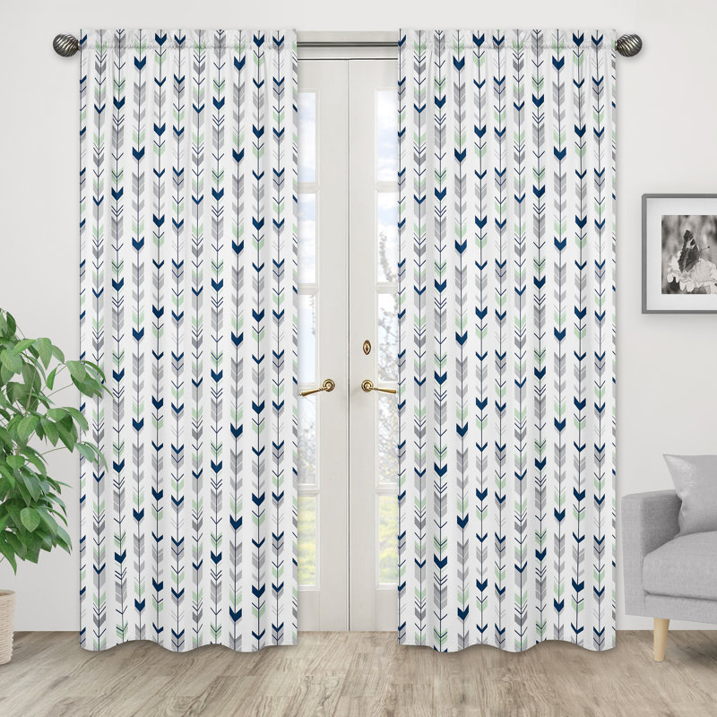 Gray and Navy Arrow Print Sheer Rod Pocket Curtains