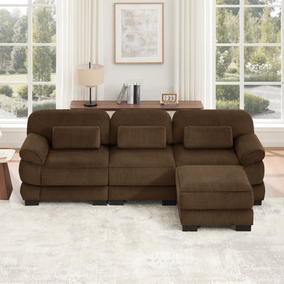 Canapé modulaire en L surdimensionné en forme de L Cloud Couch, canapé 3 places avec repose-pieds, coussins de siège confortables et épais, tissu en velours côtelé respirant, brun pour le salon