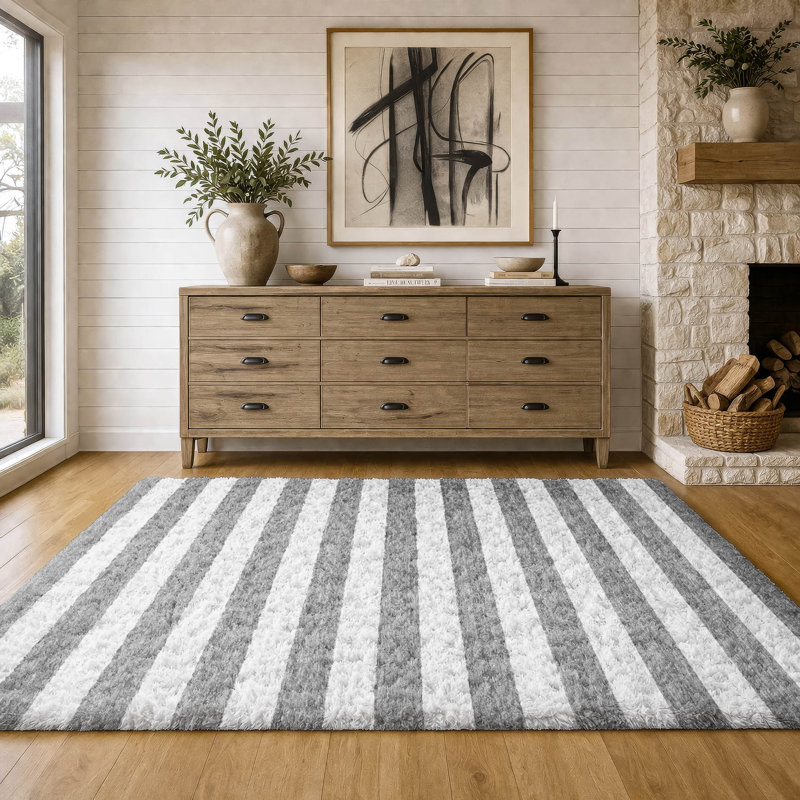 Premium Machine Washable Dream Shag ADS528 Striped Rug, Gray, 5' x 7'6"