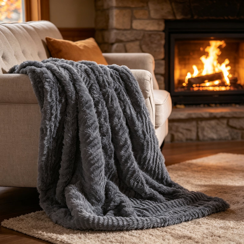 Jeté moelleux en fausse fourrure texturée, Gris anthracite
