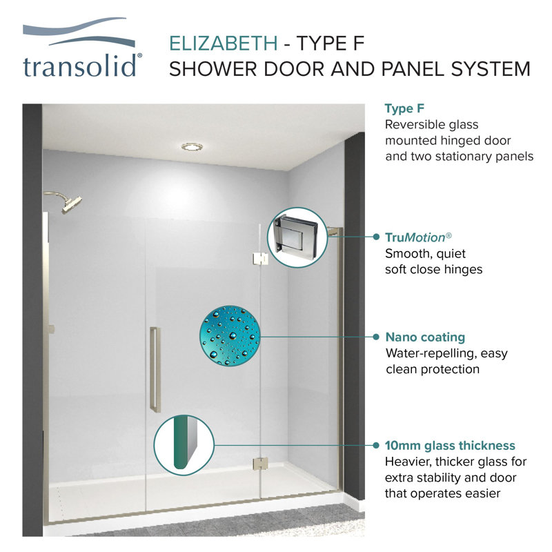 Porte de douche à charnière avec verre transparent l 67,5 po x H 76 po Transolide Elizabeth, Acier Inoxydable