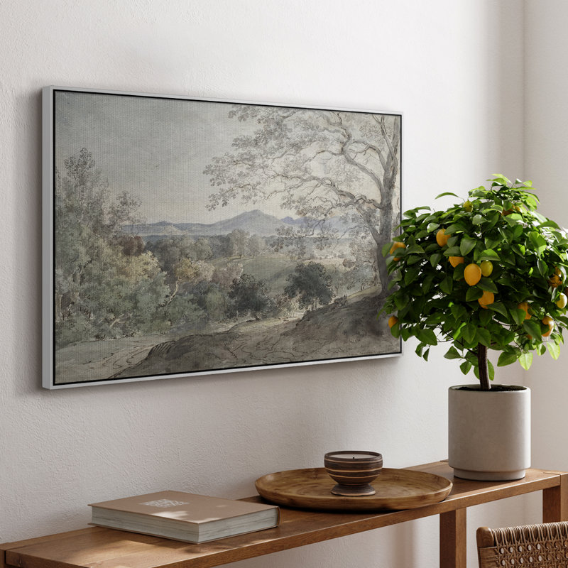 Paysage rétro - CDxxv, H 17 po x l 25 po, Toile encadrée flottée blanche
