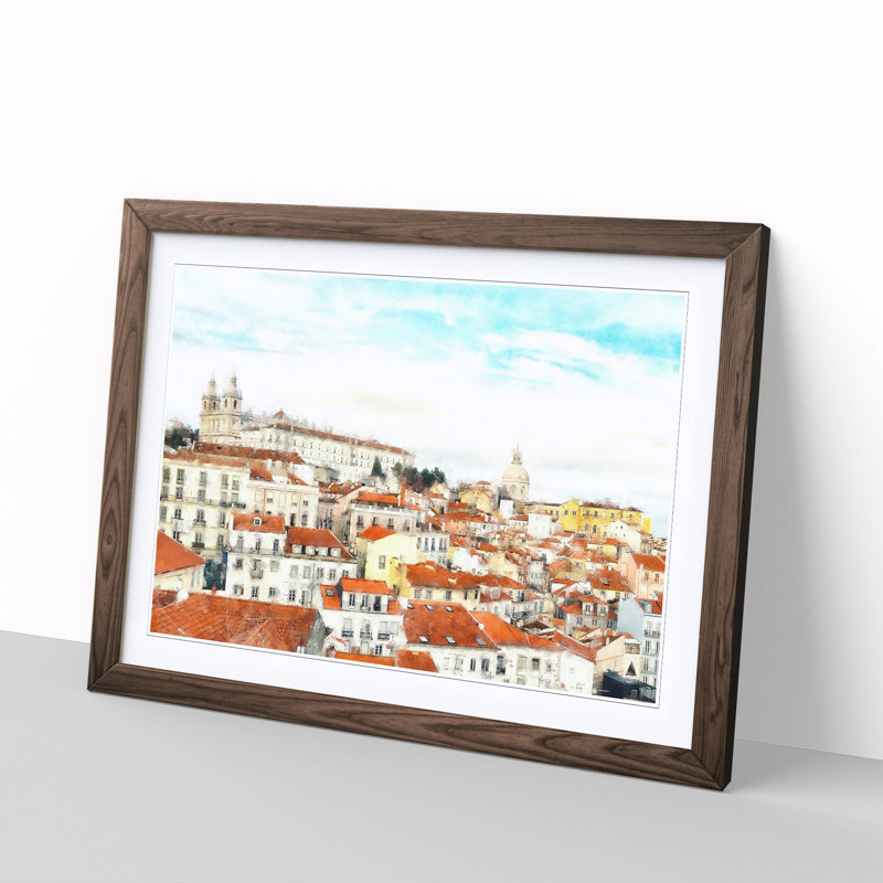 Alfalma Lisbon Portugal Skyline - Picture Frame Painting, 24cm H x 33cm W x 2cm D, Walnut