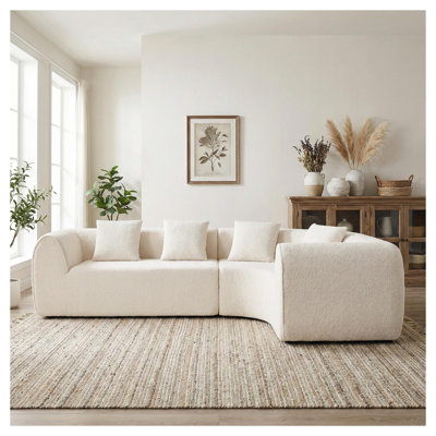 Canapé modulaire incurvé moderne en L 110 po avec mousse haute densité, tissu bouclé crème, orienté vers la droite, ensemble 2 pièces, aucun assemblage requis