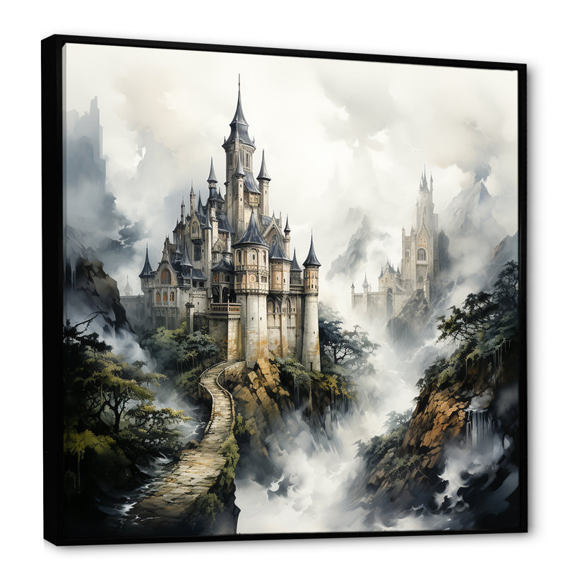Foggy Fairytale Castle - Art mural fantastique pour le salon, Cadre flottant noir, H 30 po x l 30 po x P 1,5 po