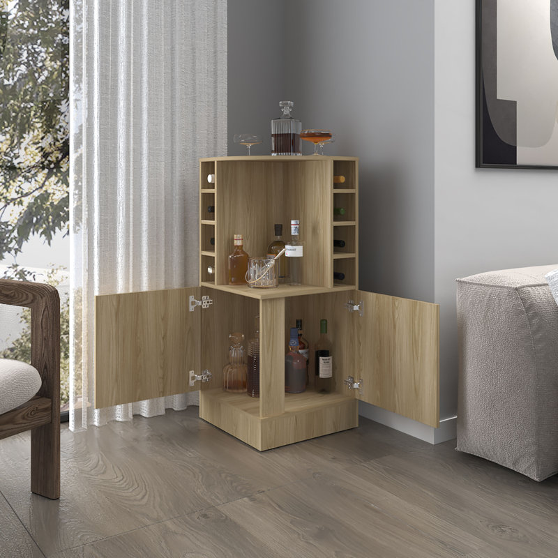 Bar de coin Toyei avec porte-bouteilles, tablettes ouvertes et rangement caché, Bois naturel