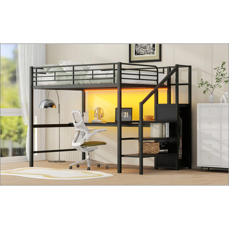 Lit mezzanine double en métal avec bureau