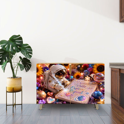 Sideboard Buffet Cabinet with Storage Astronaut Writing Dream Explore Repeat Notebook Cosmic Flower Garden with 2 Doors for Living Room and Kitchen