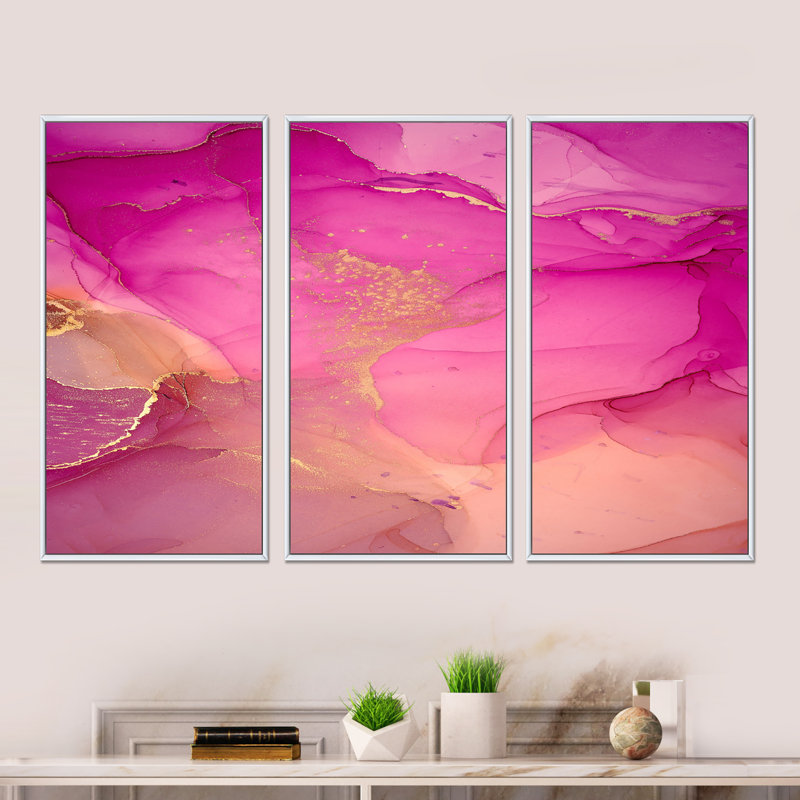 Ensemble abstrait d'art mural en toile abstraite, nuage d'encre rose doré - nuages d'encre rose et or, Encadrement blanc