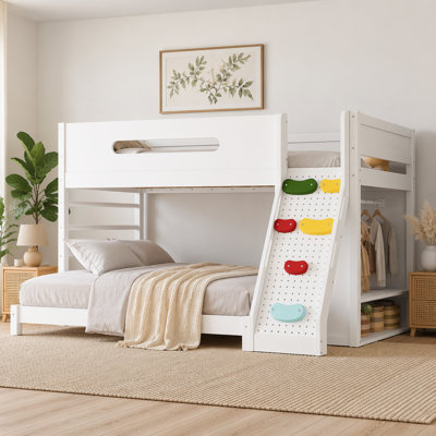 Twin/Twin XL over Full Bunk Bed with Built-in Wardrobe and Storage Spaces, Solid Wood Bunk Bed with Guardrails, Childlike Rock Climbing and Full Upgraded Slats Design, White